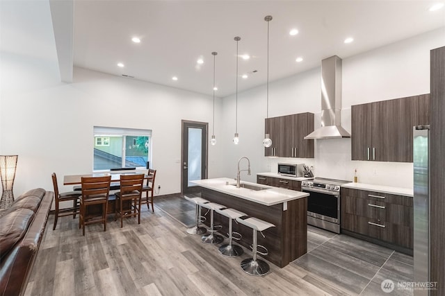 43 Rocky Ridge Dr, Bellingham, WA 98229 - kitchen with wall chimney range hood, a sink, a breakfast bar area, modern cabinets, and stainless steel appliances