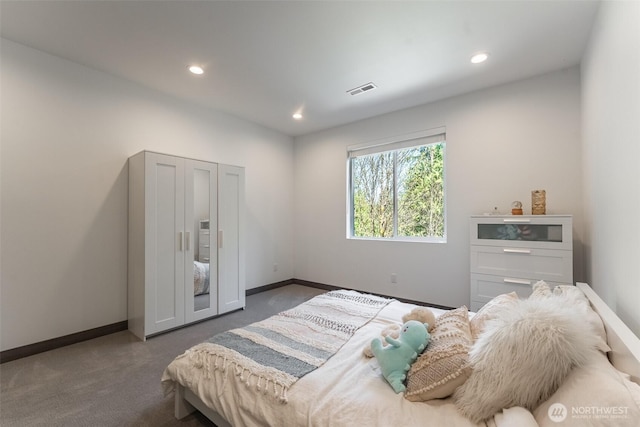43 Rocky Ridge Dr, Bellingham, WA 98229 - bedroom featuring baseboards, dark colored carpet, visible vents, and recessed lighting