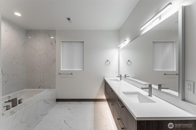 43 Rocky Ridge Dr, Bellingham, WA 98229 - full bath with baseboards, marble finish floor, a sink, and double vanity