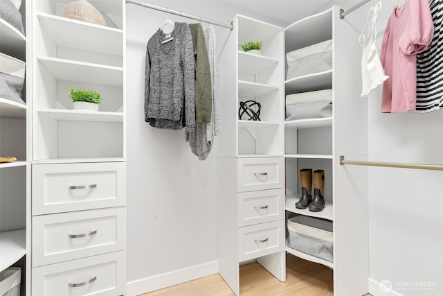 walk in closet with light wood-style flooring