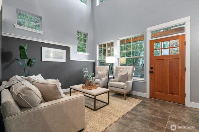 living area featuring plenty of natural light, baseboards, a towering ceiling, and dark stone finish floors