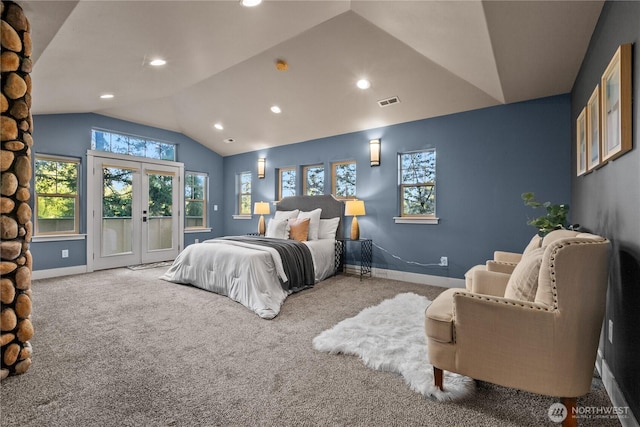 bedroom with lofted ceiling, carpet flooring, access to exterior, baseboards, and recessed lighting