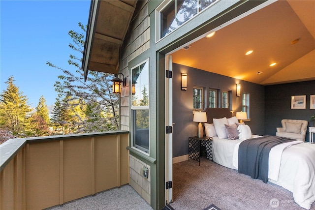 bedroom with vaulted ceiling, carpet, recessed lighting, and baseboards