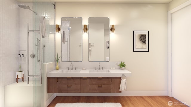 2228 W Lake Sammamish Pkwy SE, Bellevue, WA 98008 - bathroom with double vanity, a sink, wood finished floors, and a tile shower