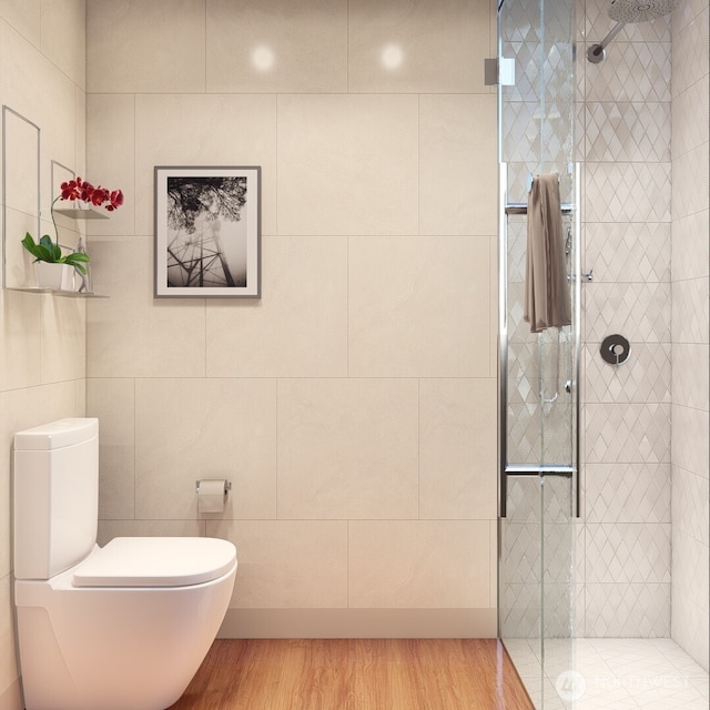 2228 W Lake Sammamish Pkwy SE, Bellevue, WA 98008 - full bath with tile walls, a stall shower, toilet, and wood finished floors