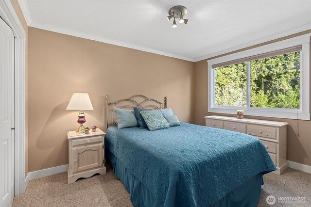bedroom with baseboards, crown molding, and light carpet