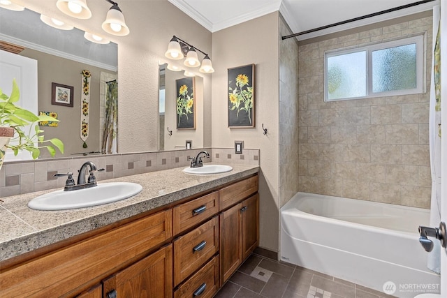full bath featuring tile patterned flooring, a sink, and ornamental molding