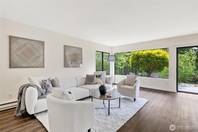 living room with dark wood-style floors, plenty of natural light, baseboards, and a baseboard radiator
