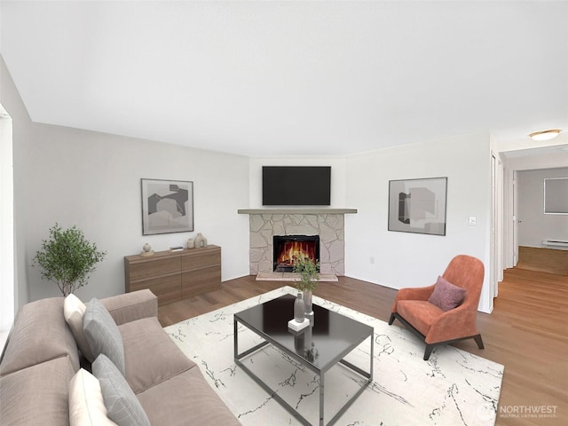 3435 Auburn Way S Unit 9, Auburn, WA 98092 - living area featuring a baseboard heating unit, wood finished floors, and a fireplace