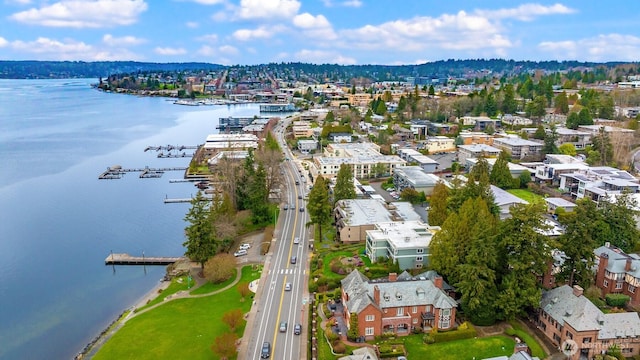 bird's eye view with a water view