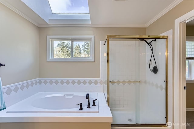 full bath with a bath, a shower stall, and crown molding