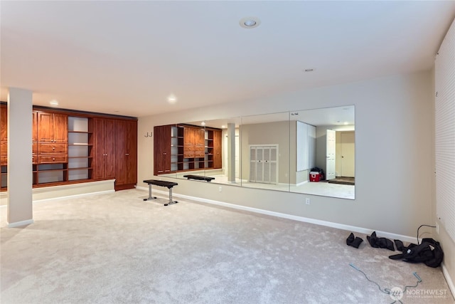 exercise room featuring baseboards, carpet, and recessed lighting