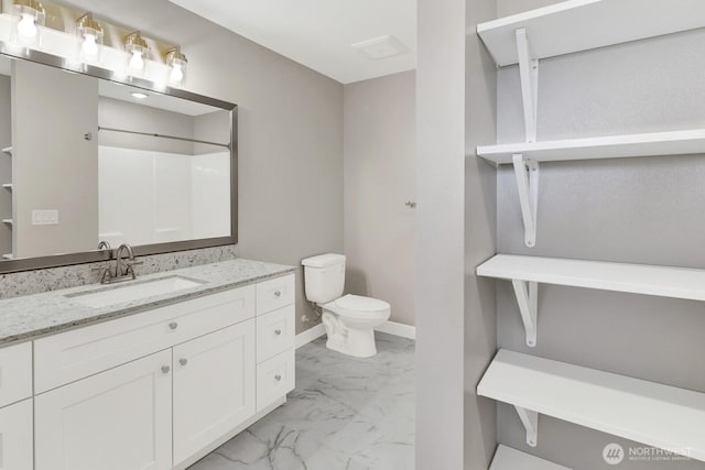 full bathroom with toilet, baseboards, marble finish floor, a shower, and vanity