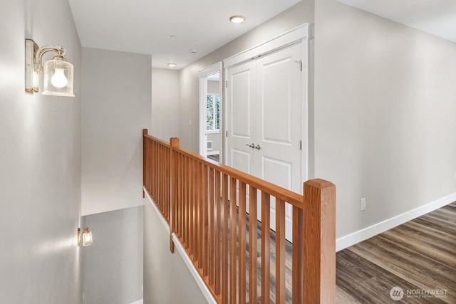 3513 Sussex Dr, Bellingham, WA 98226 - hallway featuring baseboards, an upstairs landing, recessed lighting, and wood finished floors