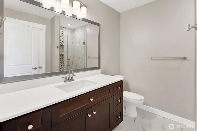 3513 Sussex Dr, Bellingham, WA 98226 - bathroom featuring toilet, marble finish floor, vanity, a shower stall, and baseboards