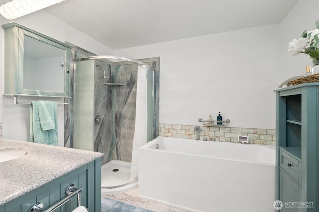 full bath with a shower stall, a bath, tile patterned floors, and vanity