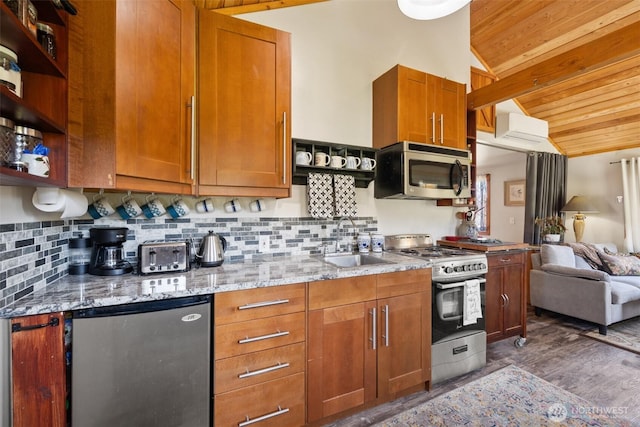 kitchen featuring open shelves, a sink, wood ceiling, stainless steel appliances, and backsplash