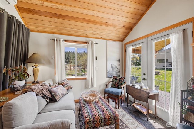 interior space featuring wooden ceiling, french doors, and vaulted ceiling