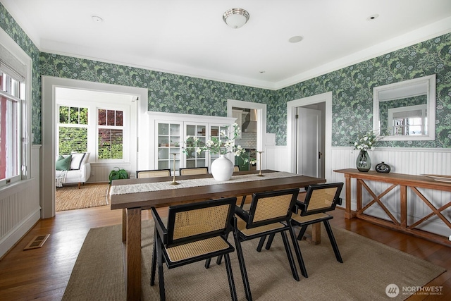 4015 S Andover St, Seattle, WA 98118 - dining room with wallpapered walls, a wainscoted wall, and wood finished floors