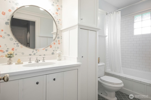 4015 S Andover St, Seattle, WA 98118 - full bathroom featuring wallpapered walls, vanity, shower / bath combo with shower curtain, toilet, and wainscoting