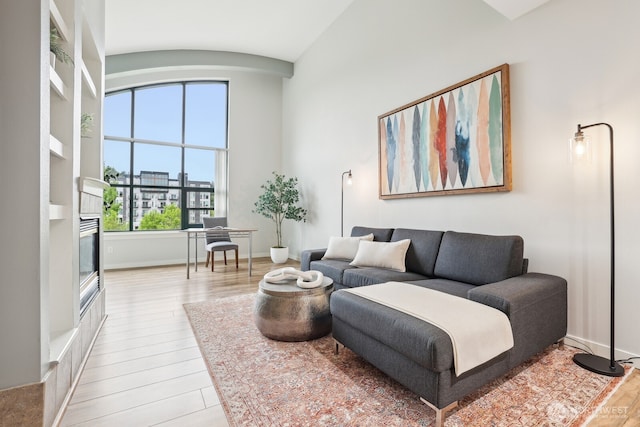 living area featuring baseboards, wood finished floors, and a fireplace