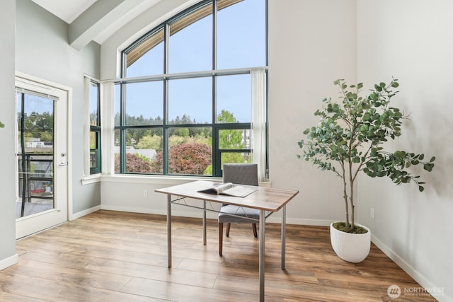 home office featuring baseboards, a healthy amount of sunlight, and wood finished floors