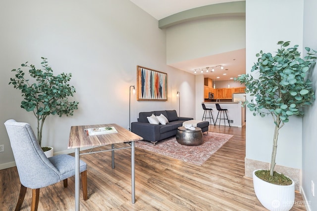 living area featuring baseboards and light wood-style flooring