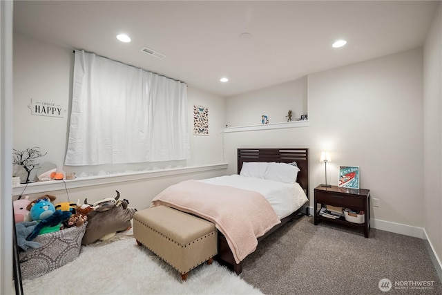 bedroom featuring baseboards, carpet floors, visible vents, and recessed lighting