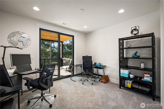 home office featuring baseboards, visible vents, carpet floors, and recessed lighting