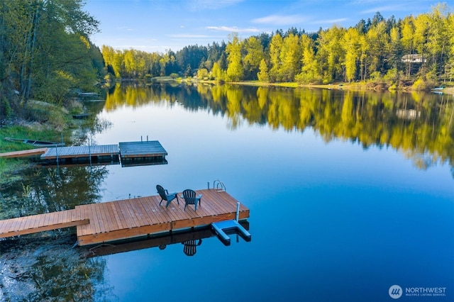 view of dock featuring a view of trees and a water view