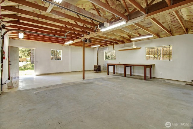 below grade area featuring a wood stove