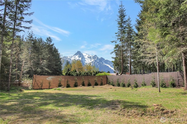 view of yard featuring fence and a mountain view