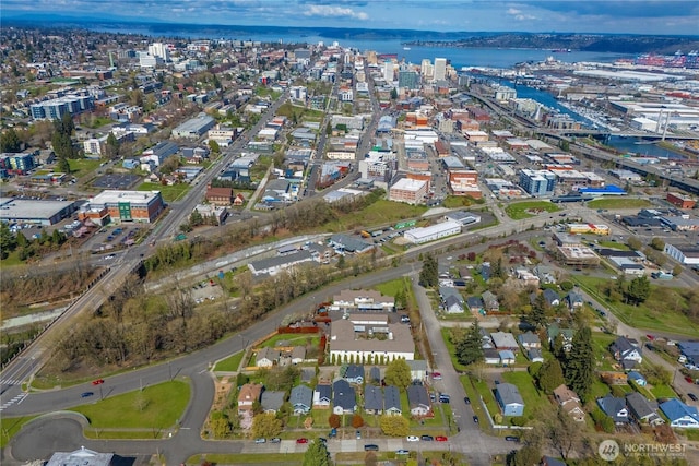 aerial view featuring a water view