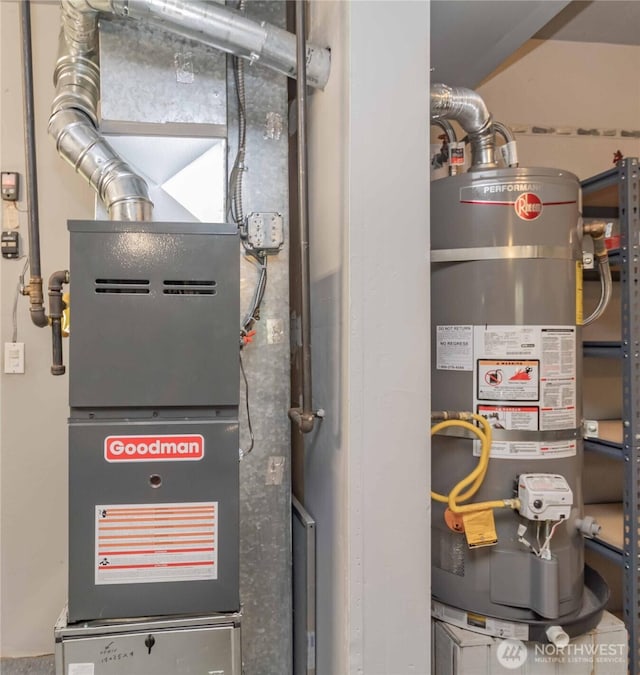 utility room featuring water heater and heating unit