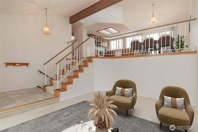 living area featuring stairs, beamed ceiling, a chandelier, and high vaulted ceiling