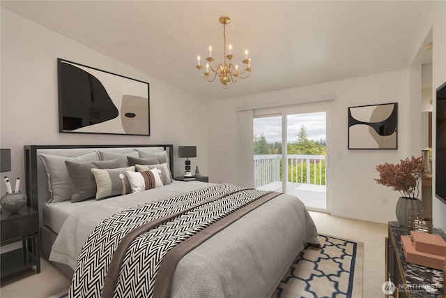 bedroom with carpet, a chandelier, access to exterior, and vaulted ceiling