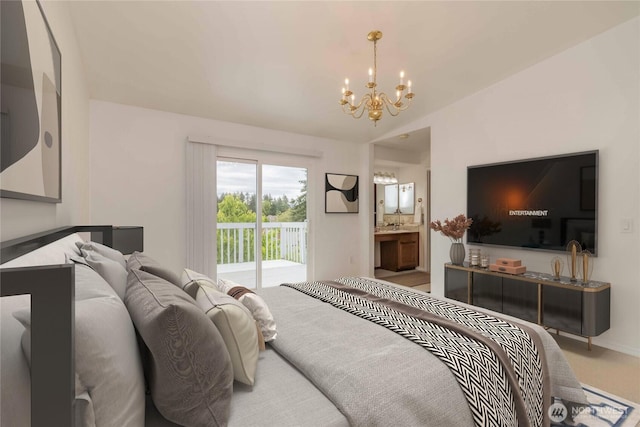 bedroom featuring a chandelier, access to exterior, ensuite bath, and carpet flooring