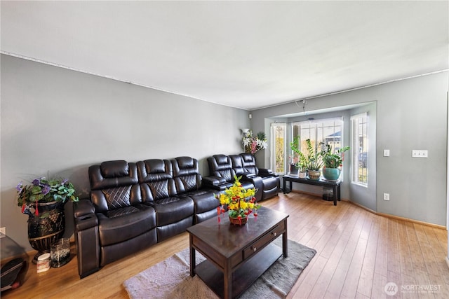 living room featuring baseboards and light wood-type flooring