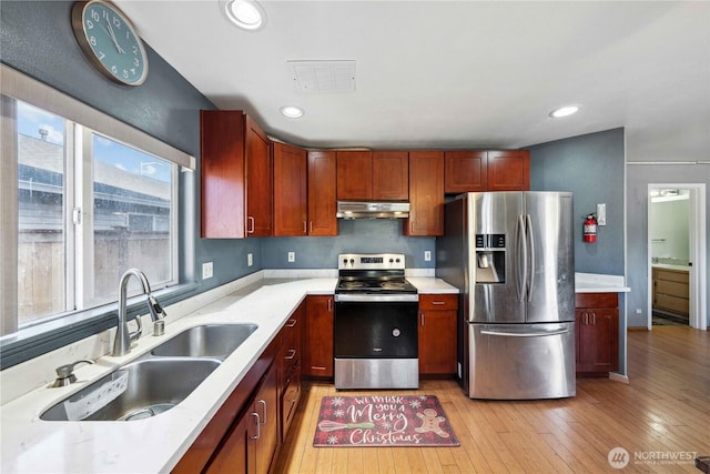 kitchen with stainless steel appliances, a sink, visible vents, light countertops, and under cabinet range hood