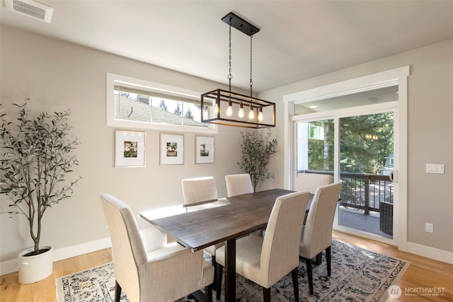 dining room with baseboards, light wood finished floors, and visible vents