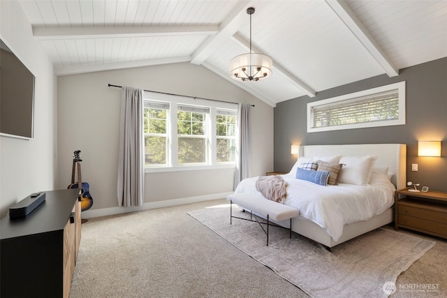 carpeted bedroom featuring lofted ceiling with beams, an inviting chandelier, and baseboards