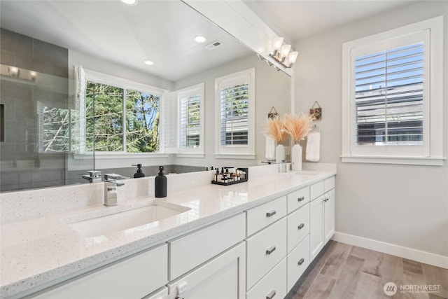 bathroom with wood finished floors, a wealth of natural light, baseboards, and a sink