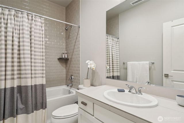 bathroom with shower / bath combination with curtain, visible vents, vanity, and toilet