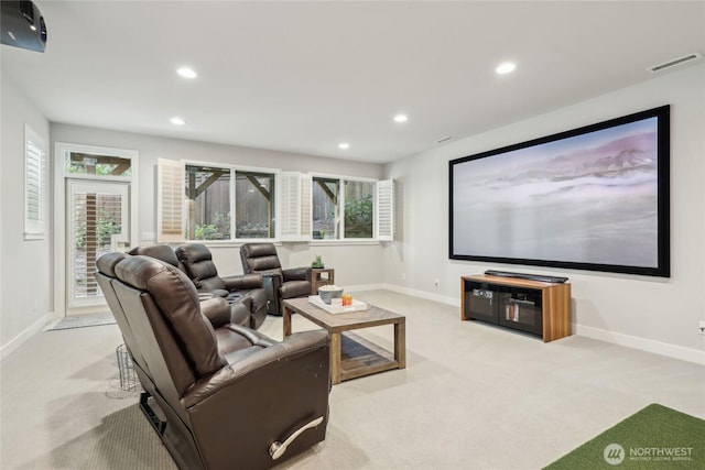 cinema with recessed lighting, baseboards, visible vents, and carpet