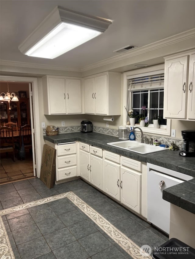 kitchen with ornamental molding, a sink, white cabinetry, and visible vents
