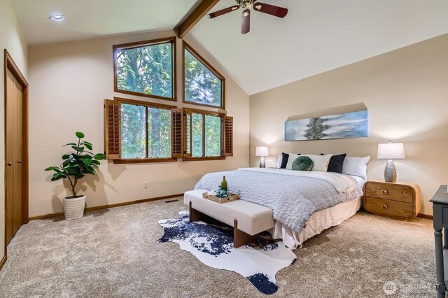 carpeted bedroom featuring baseboards, multiple windows, high vaulted ceiling, ceiling fan, and beam ceiling