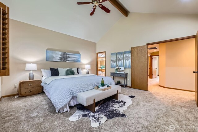 carpeted bedroom featuring beamed ceiling, high vaulted ceiling, baseboards, and ceiling fan