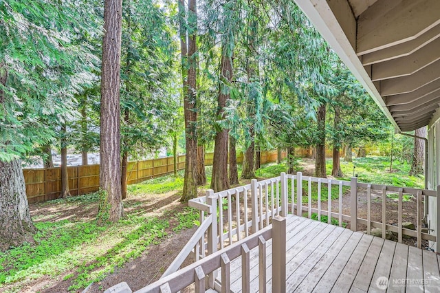 wooden terrace with a fenced backyard