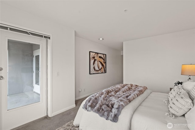 bedroom featuring carpet, baseboards, and recessed lighting