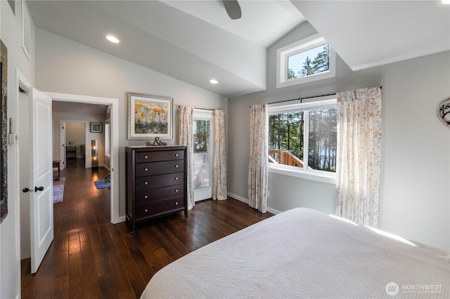 bedroom featuring recessed lighting, dark wood-style flooring, baseboards, and high vaulted ceiling